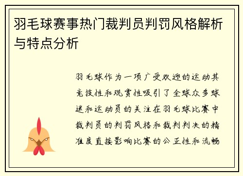 羽毛球赛事热门裁判员判罚风格解析与特点分析