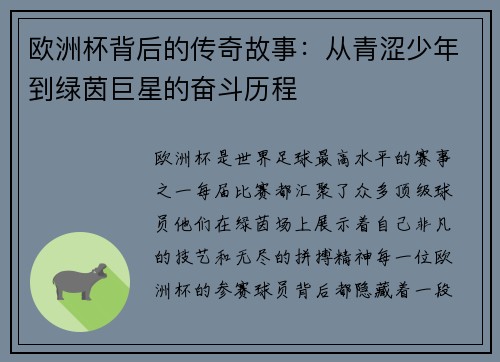 欧洲杯背后的传奇故事：从青涩少年到绿茵巨星的奋斗历程