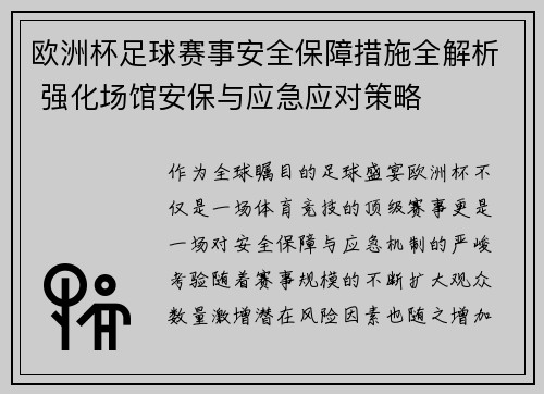 欧洲杯足球赛事安全保障措施全解析 强化场馆安保与应急应对策略