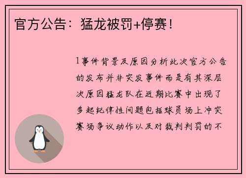 官方公告：猛龙被罚+停赛！